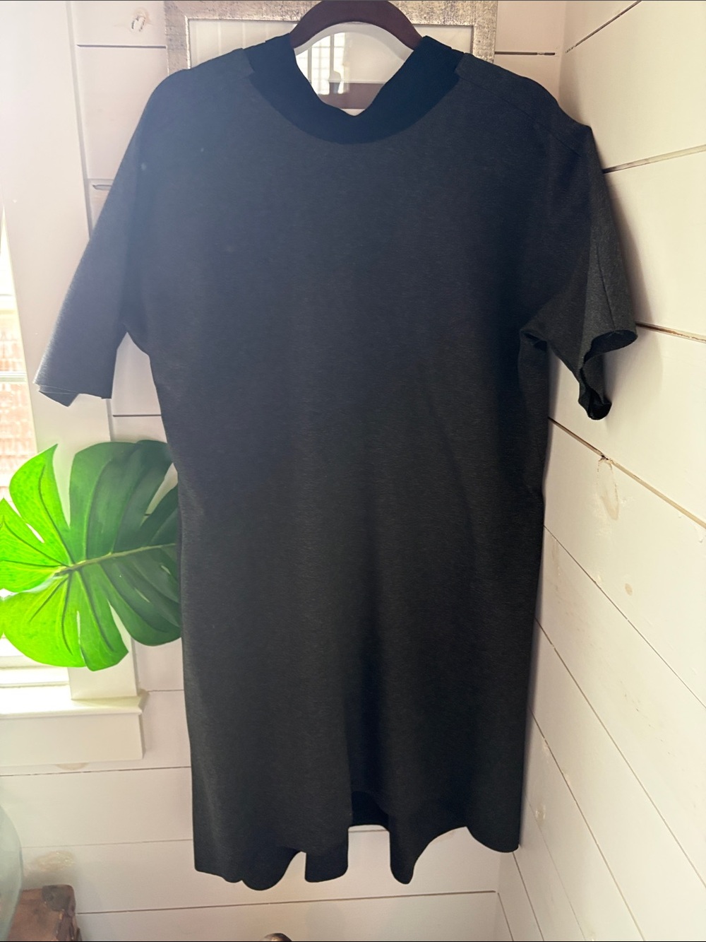Women's Short Sleeve Dress in Charcoal Gray - Minimal Crewneck